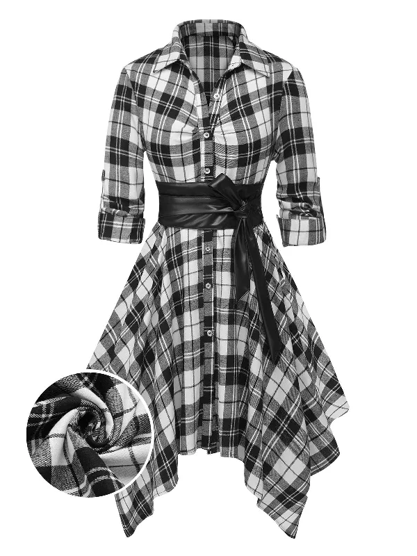 1950s 3/4 Sleeve Plaid Belt Dress