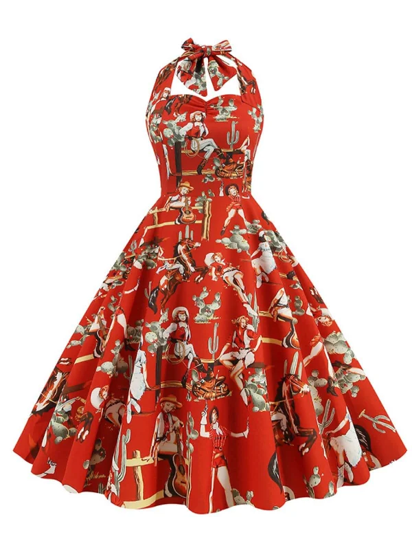 1950s Retro Pictorial Halter Swing Dress