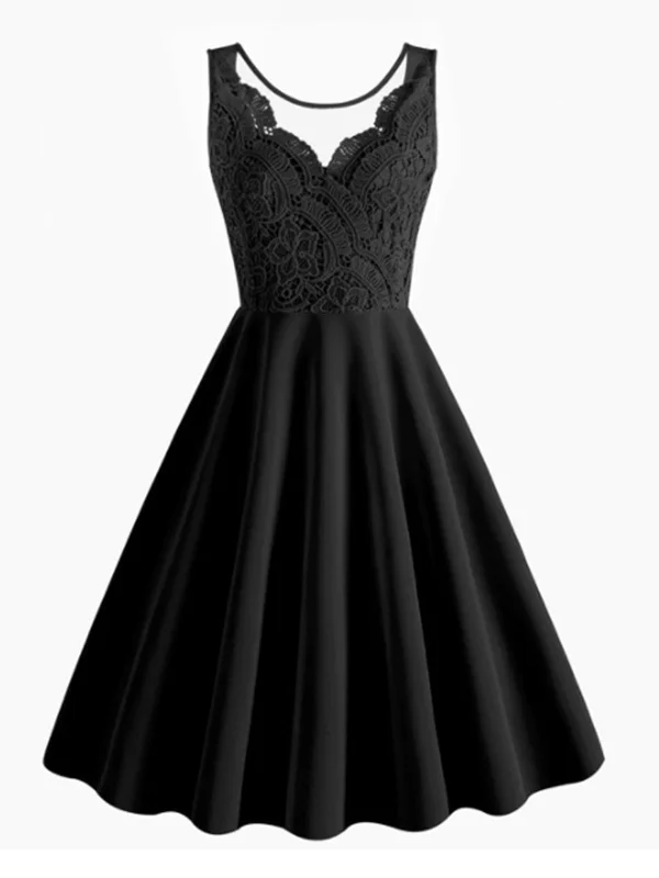 1950s Solid Lace Patchwork V-Neck Dress