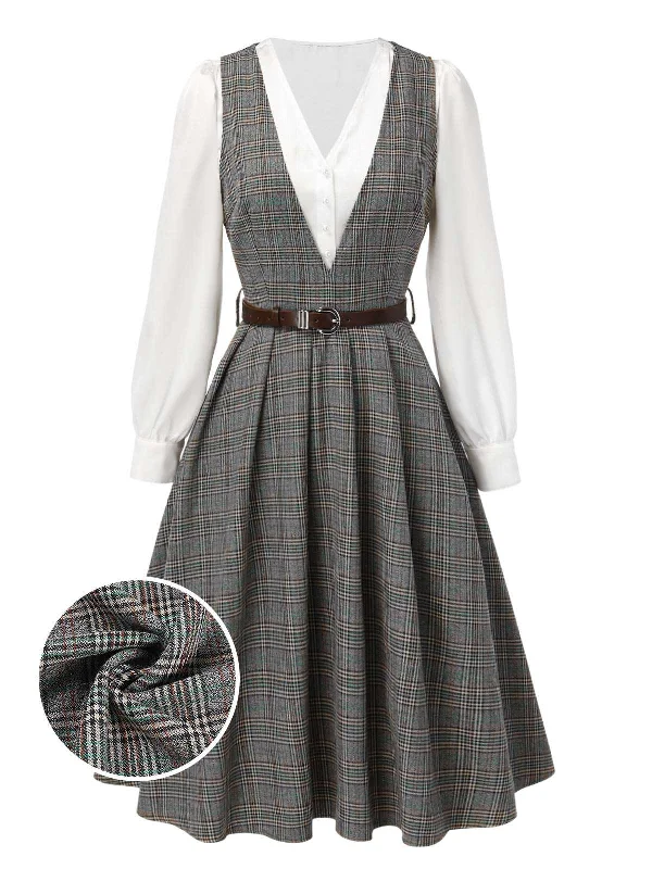 [Pre-Sale] 2PCS Grey 1940s V-Neck Plaid Dress & Satin Blouse