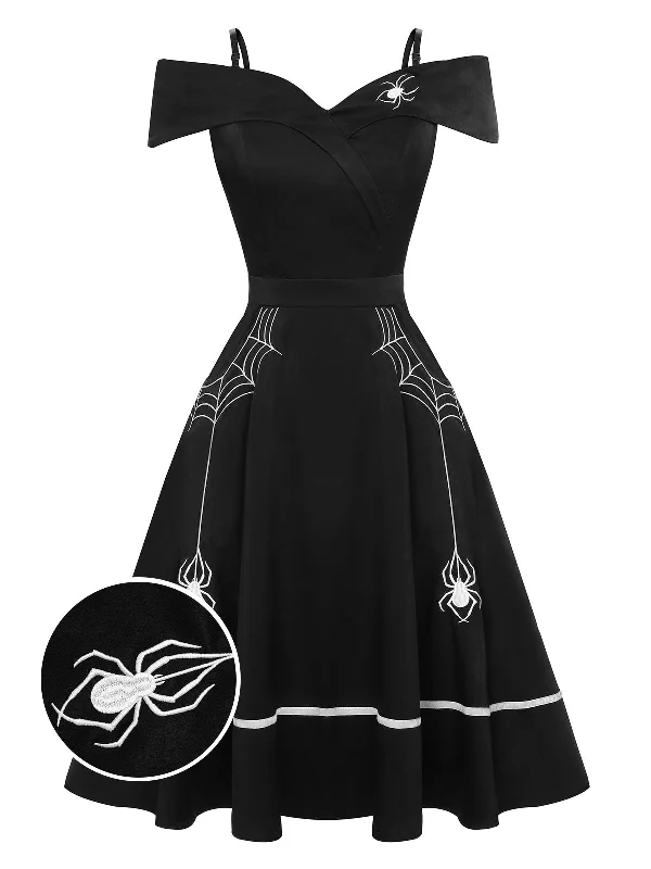 Black 1950s Halloween Off-Shoulder Spider Web Dress