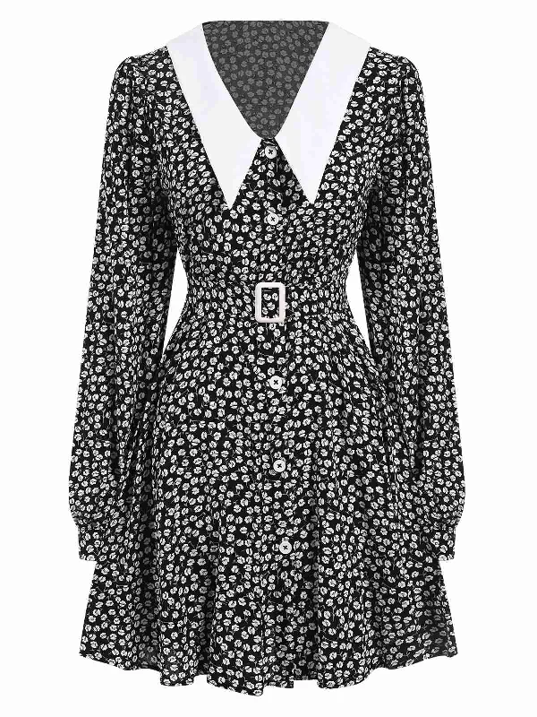 Black 1950s Lapel Lantern Sleeves Ditsy Floral Dress