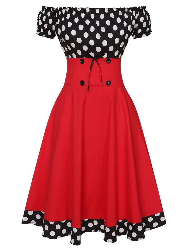 Black & Red 1950s Polka Dots Off Shoulder Dress