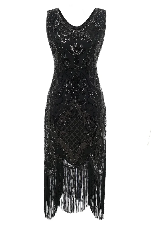 Black V-neck Fringe Sequins 1920s Dress