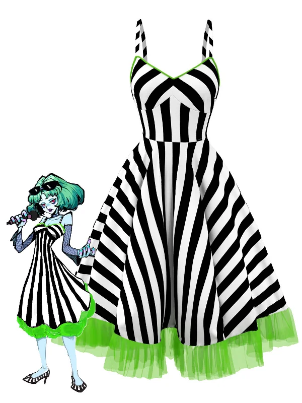 [Pre-Sale] Black&White 1950s Striped Fluorescent Green Lace Dress