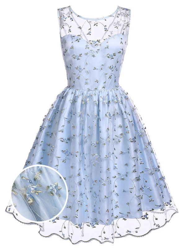 Blue 1950s Floral Embroidery Lace Dress