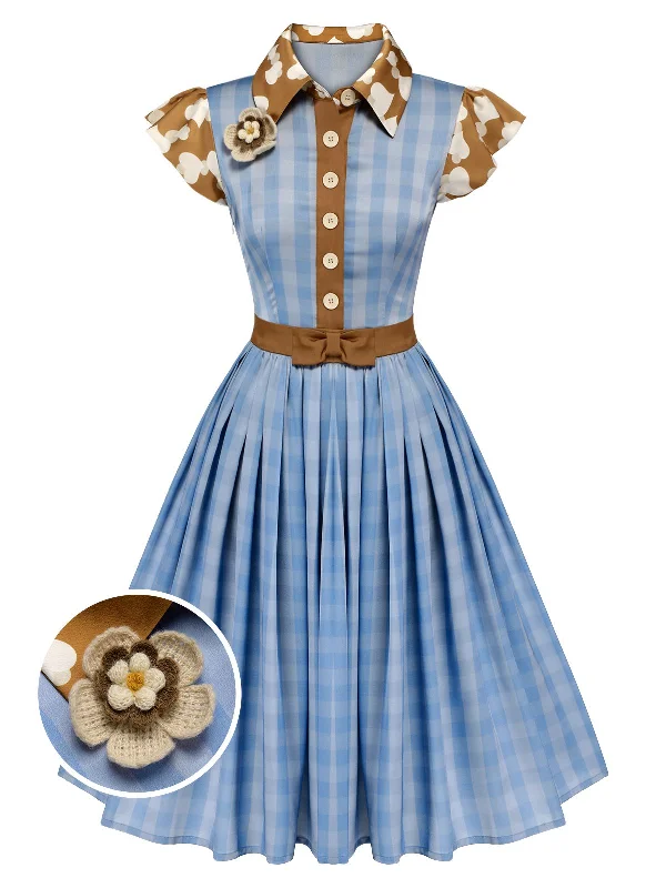 Blue 1950s Lapel Bow Decor Plaids Patchwork Dress