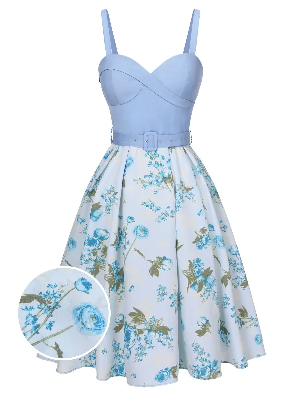 Blue 1950s Spaghetti Strap Floral Belted Dress