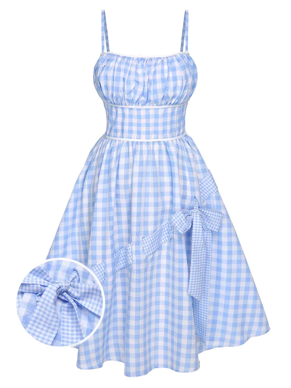 Blue 1950s Spaghetti Strap Plaids Bow Decor Dress