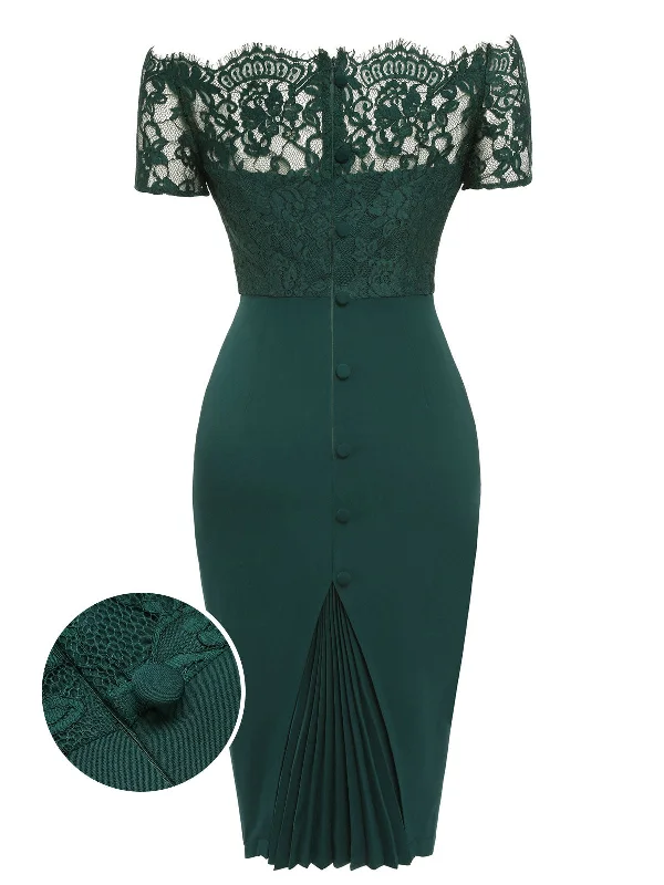 Dark Green 1960s Lace Off-shoulder Dress