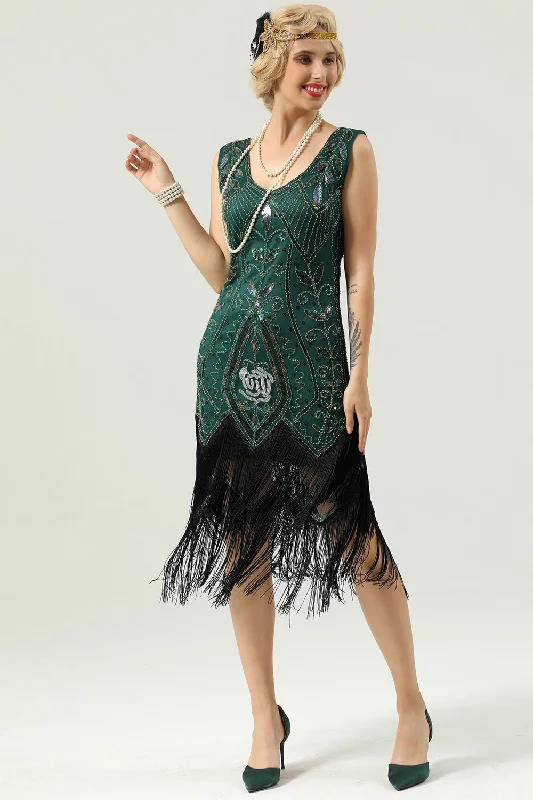 Dark Green Beaded Glitter Fringe 1920s Flapper Dress