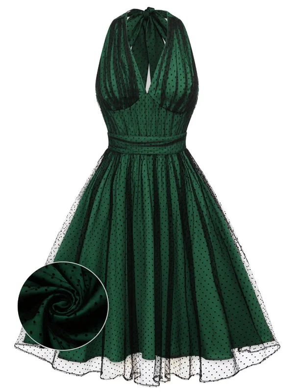 Green 1950s Halter Polka Dots Mesh Dress