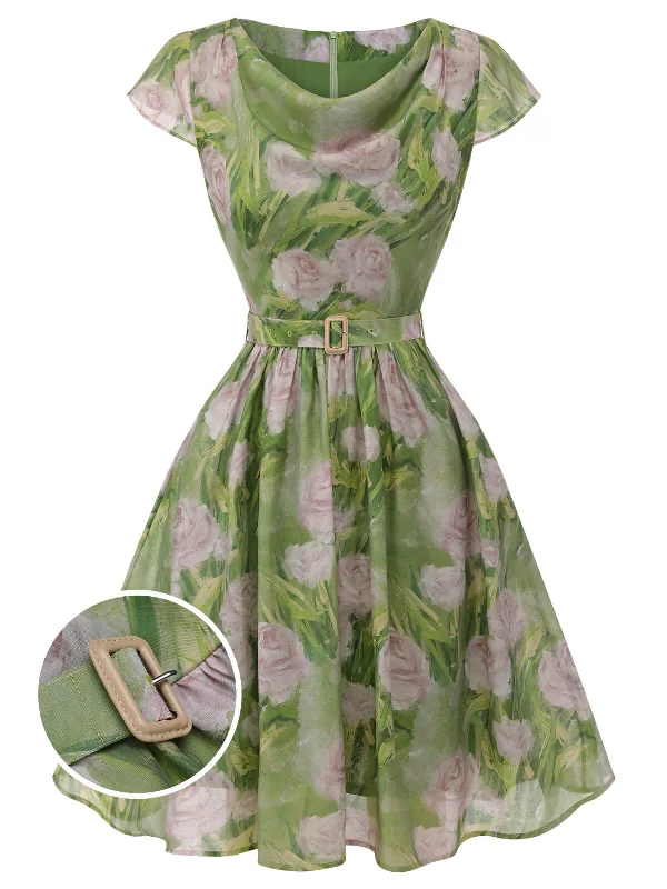 Green 1960s Oil-Painting Rose Dress