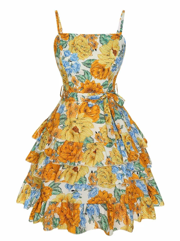 Multicolor 1950s Floral Layered Strap Dress