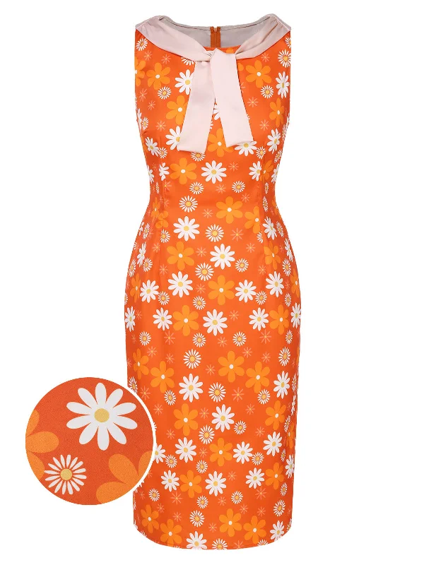 Orange 1960s Tie Neck Floral Sleeveless Dress