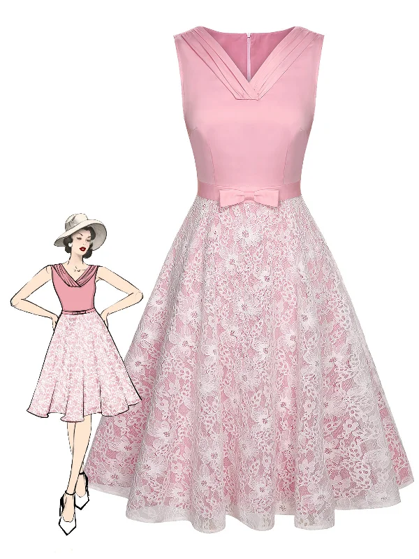 Pale Pink 1950s Solid Lace Patchwork Dress