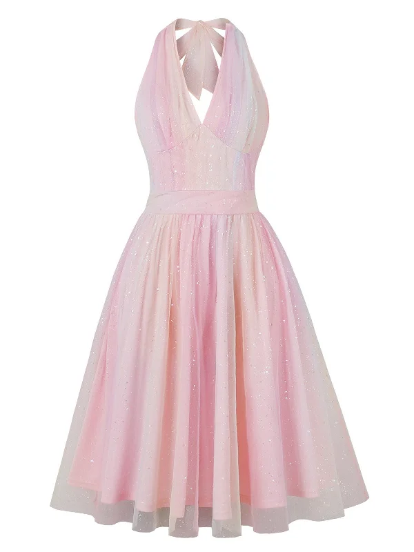 Pink 1950s Halter Mesh Sequined Dress