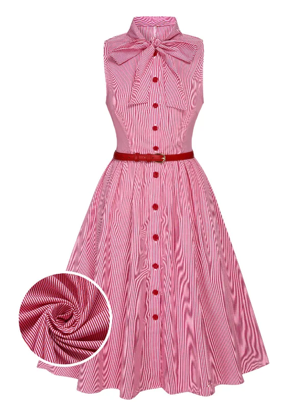 Pink 1950s Pinstripes Tie Collar Dress