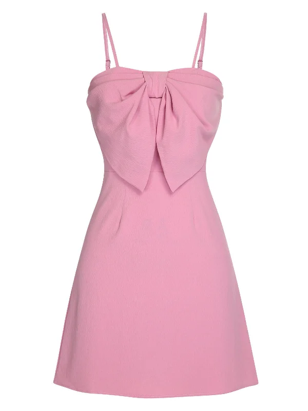 Pink 1950s Solid Spaghetti Straps Bow Dress