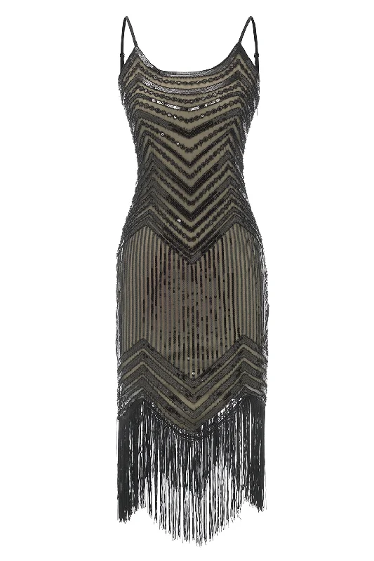 Spaghetti Straps Black Apricot 1920s Dress