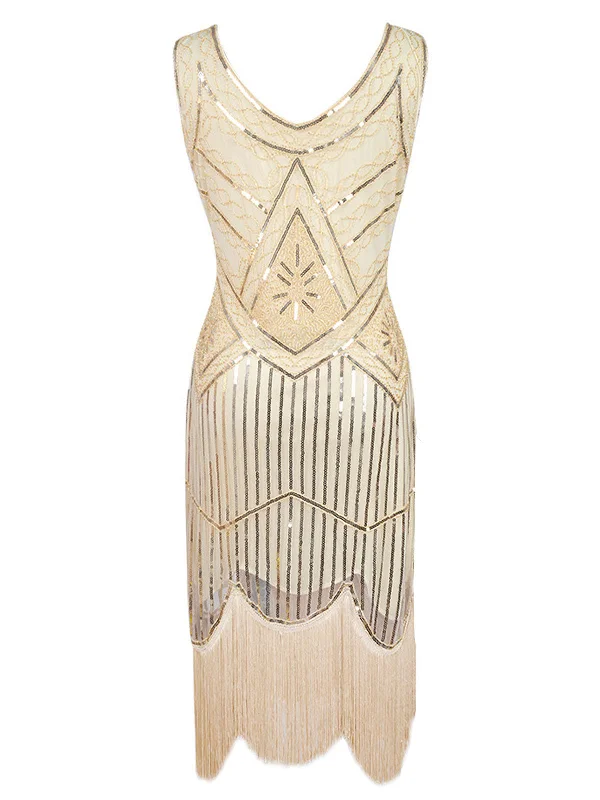 [US Warehouse] Apricot 1920s Beaded Sequin  Flapper Dress