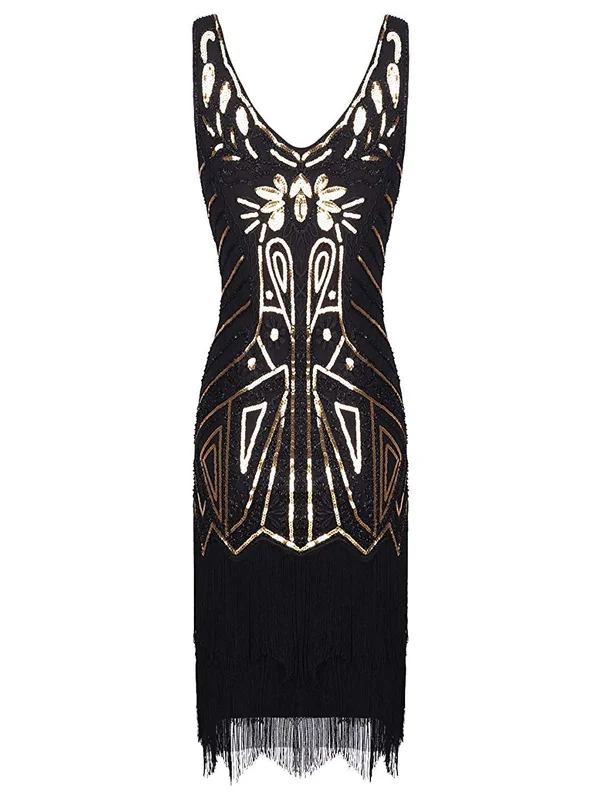 US Only Black 1920sSequin Fringed Flapper Dress