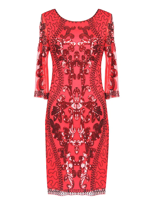 [US Warehouse] Red 1920s 3/4 Sleeve Sequin Gatsby Dress