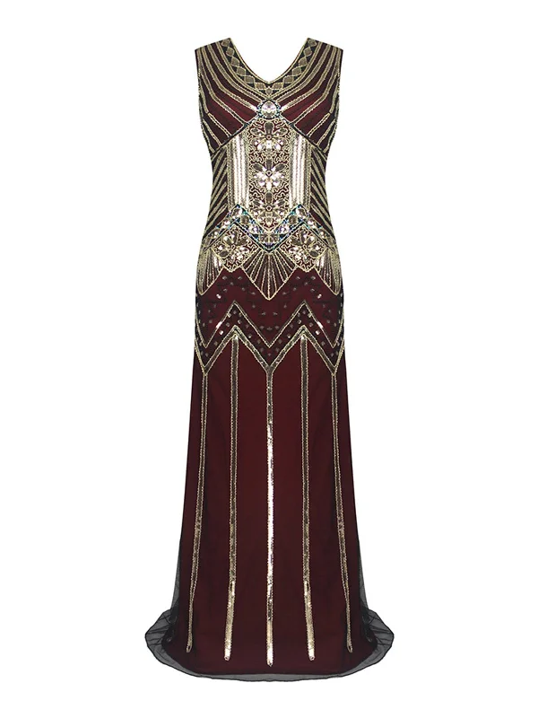 [US Warehouse] Wine Red 1920s Sequin Flapper Maxi Dress