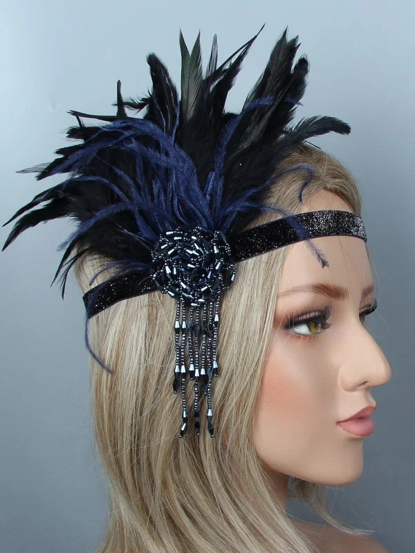 [US Warehouse] Black Blue 1920s Feather Headband