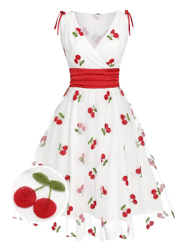 White 1950s Embroidered Cherry Mesh Dress