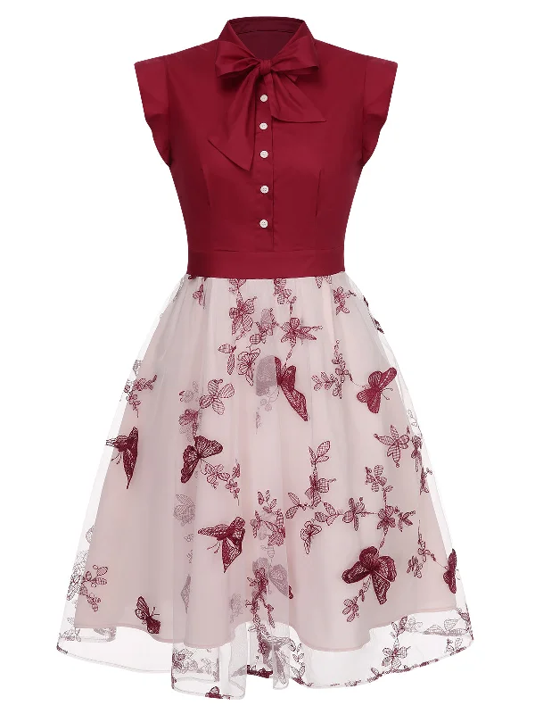 Wine Red 1950s Butterfly Patchwork Vintage Dress