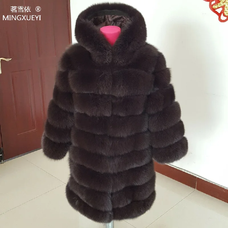 90cm real fox fur coat women's long blue coats Fox fur coat jacket hood