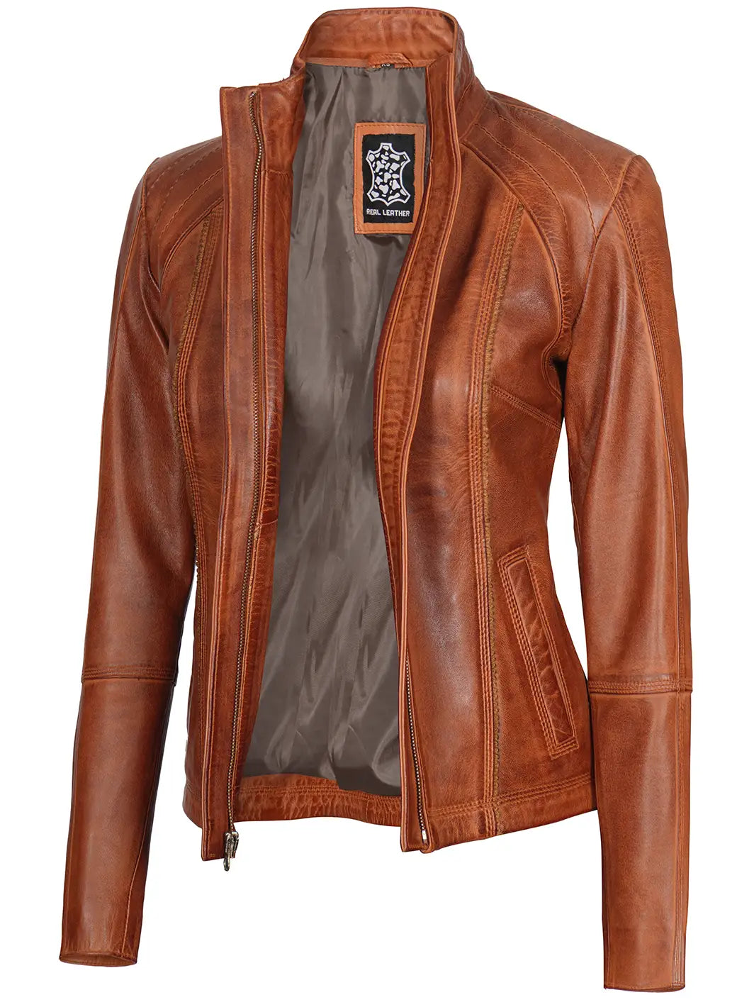 Acerra Womens Cognac Cafe Racer Biker Leather Jacket