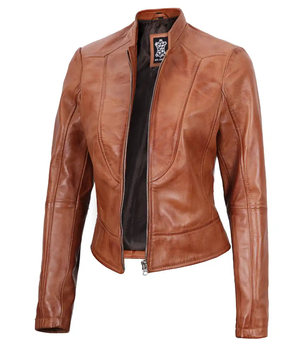 Amy Petite Womens Motorcycle Tan Leather Jacket