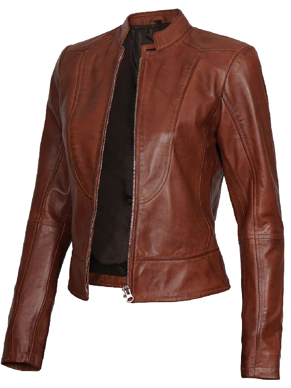 Amy Women Cognac Cafe Racer Leather Jacket