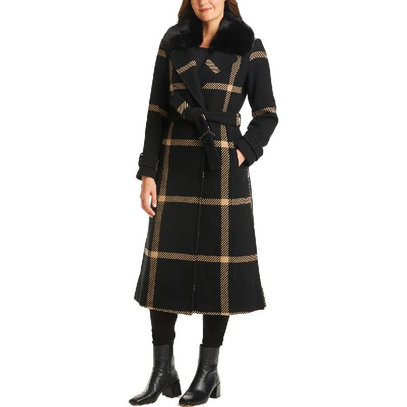 Plus Womens Wool Blend Faux Fur Trim Walker Coat