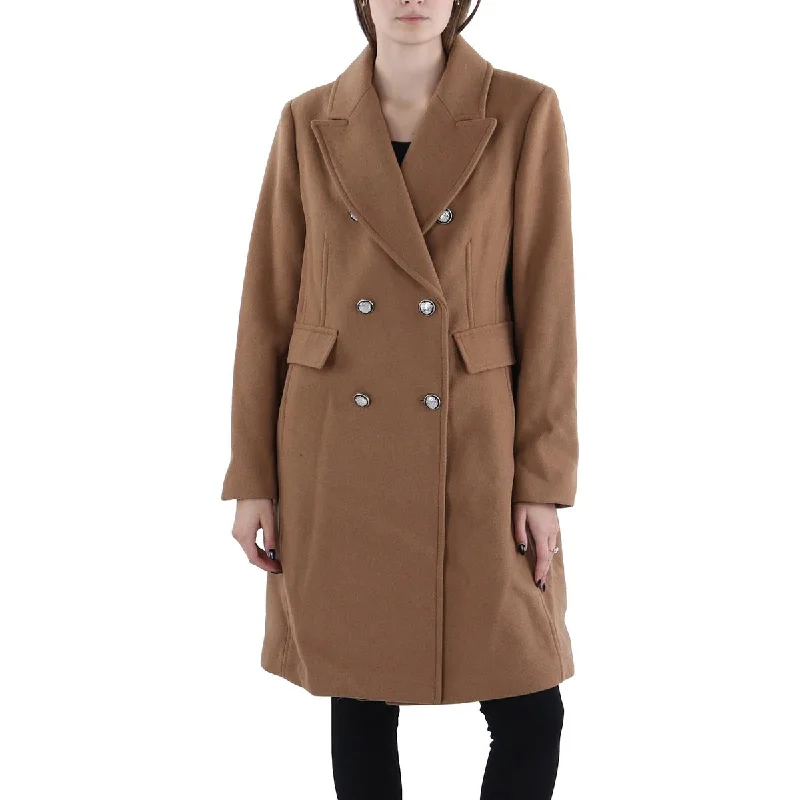 Petites Womens Wool Blend Collared Wool Coat