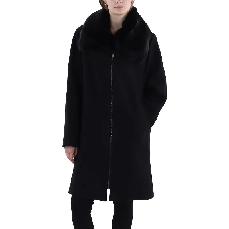 Womens Wool Blend Faux Fur Collar Wool Coat