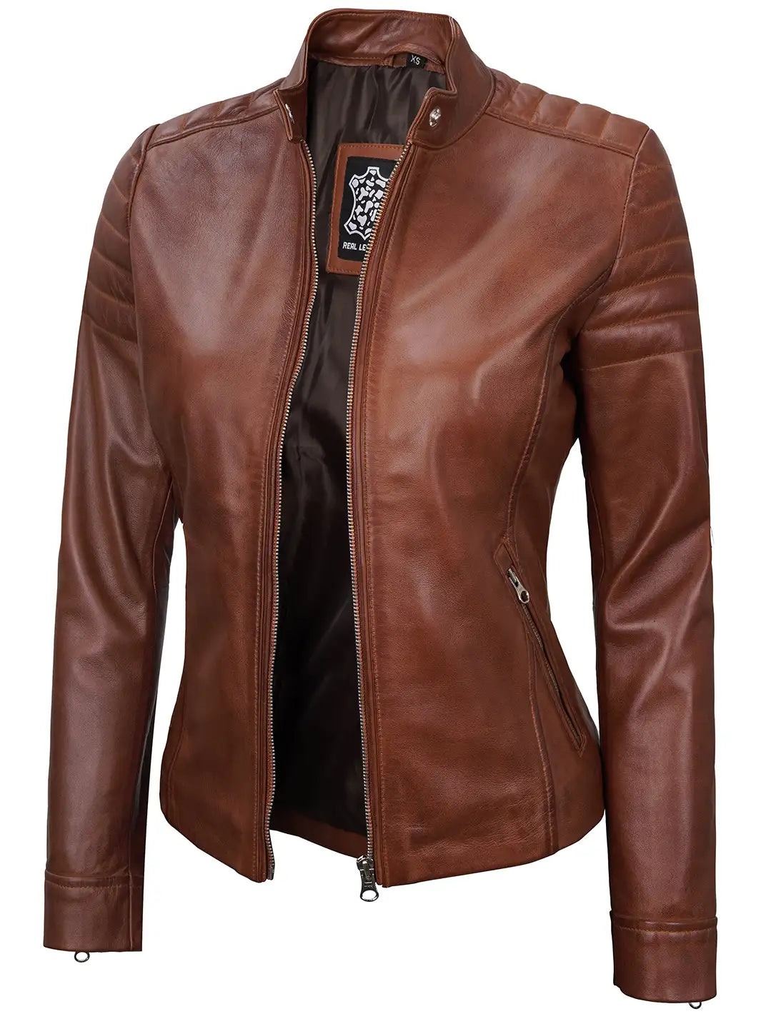 Carrie Women Cognac Brown Cafe Racer Leather Jacket