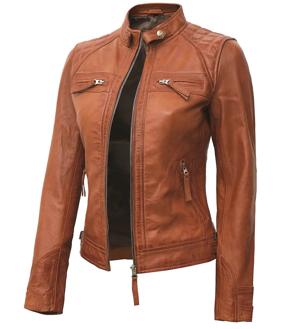 Diamond Women's Tan Quilted Biker Leather Jacket