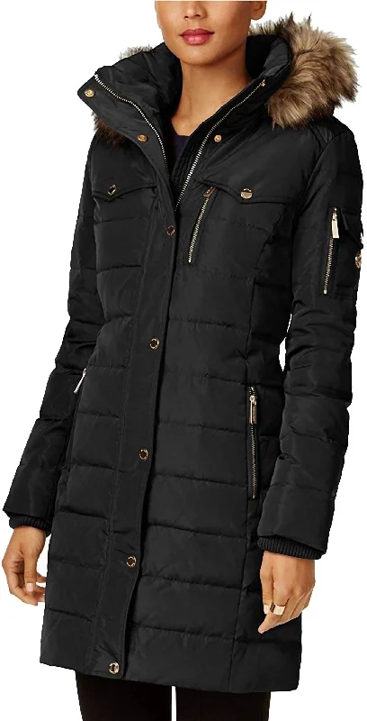 Faux Fur Trim Down Puffer Coat in Black