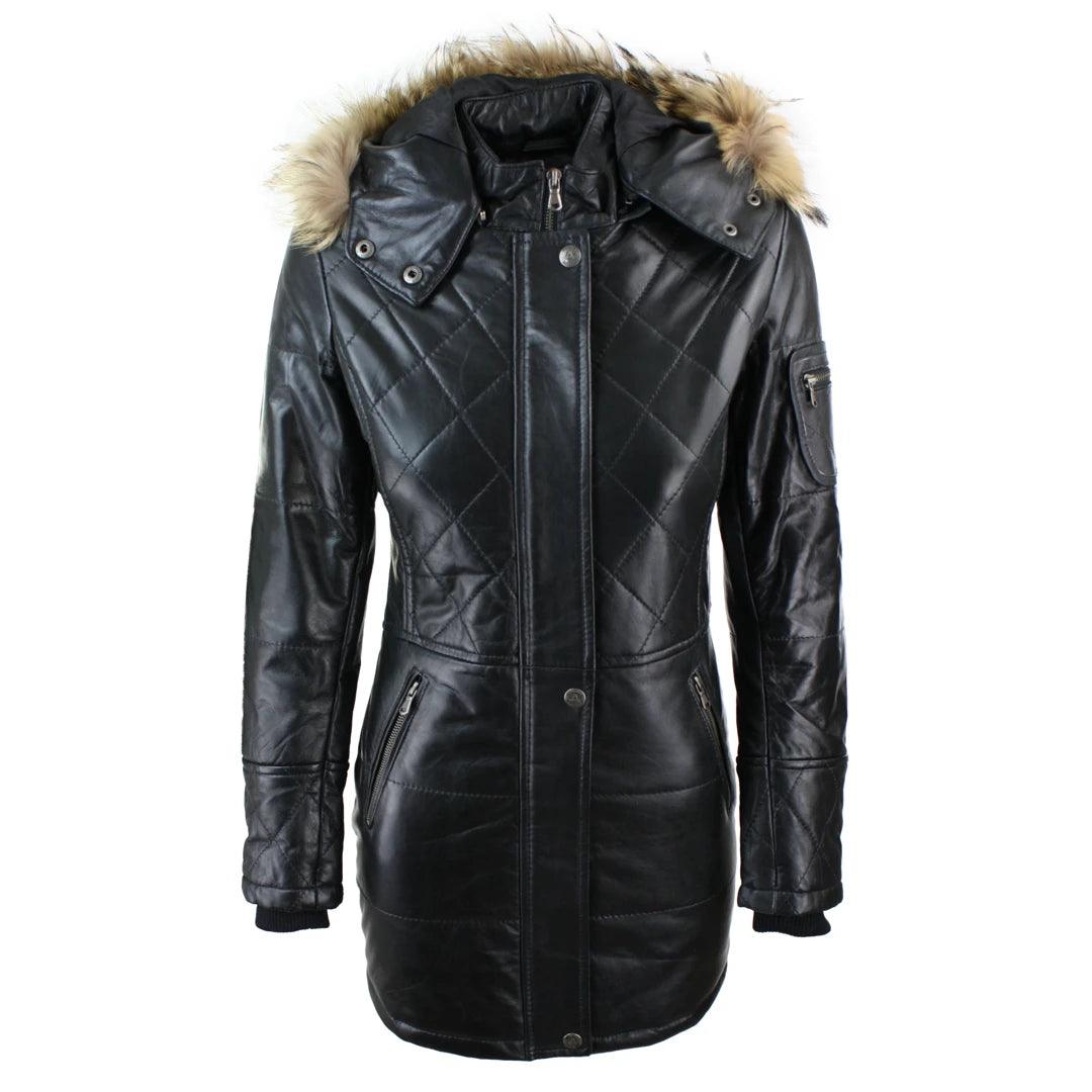 Ladies Black Real FUR HOODED Parka Real Leather Jacket Winter Coat