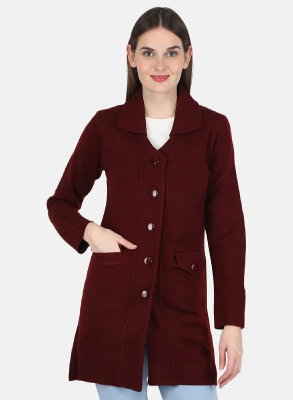 Women Maroon Self design Coat