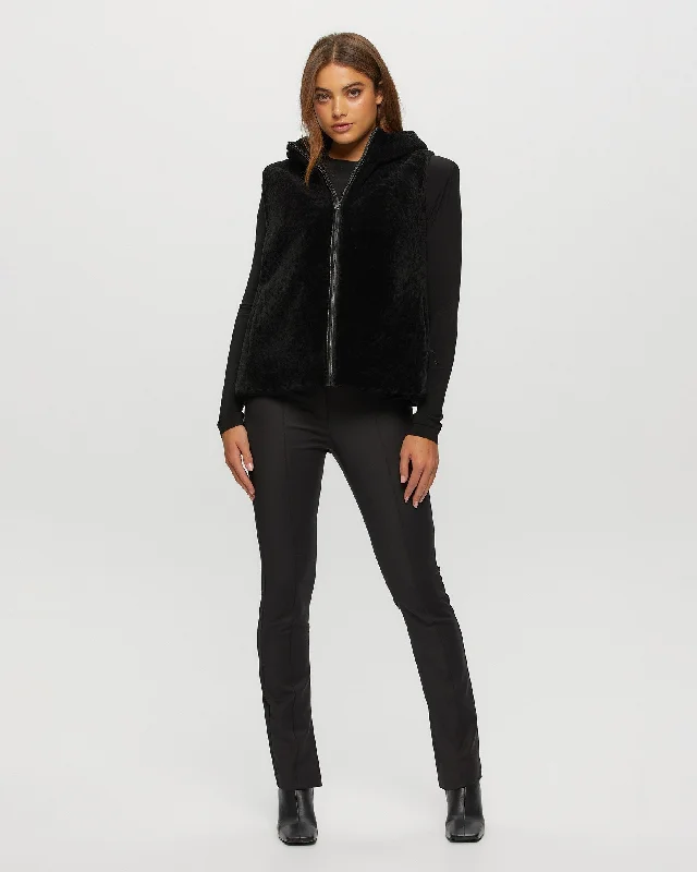 Textured Shearling Lamb Zip Vest Hooded Reversible To Taffeta