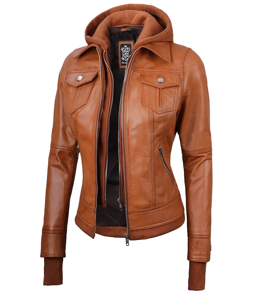 Tralee Womens Tan Wax Bomber Leather Jacket With Hood