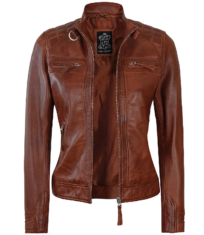 Johnson Women's Cognac Quilted Cafe Racer Leather Jacket