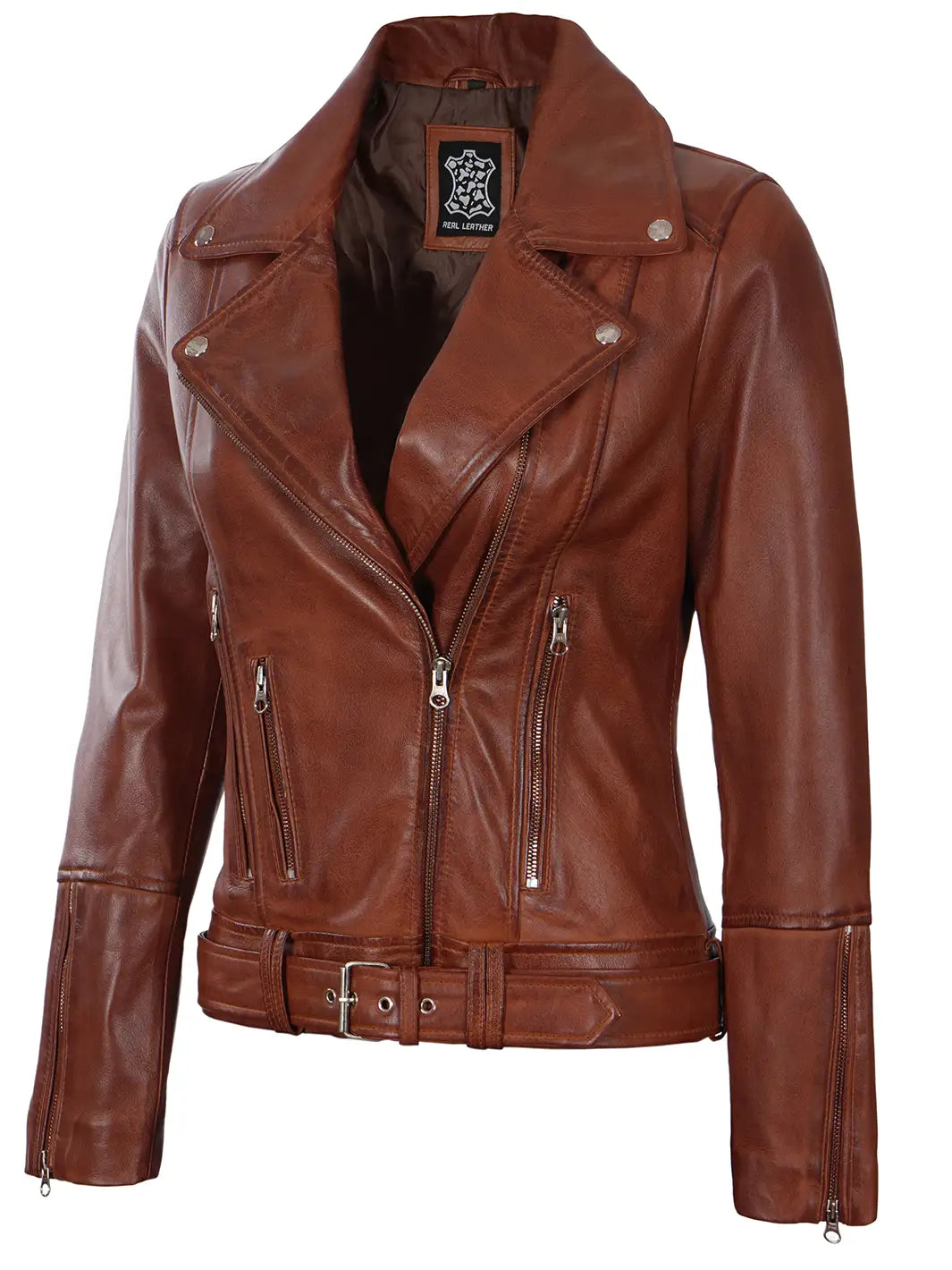 Elisa Womens Cognac Brown Asymmetrical Motorcycle Leather Jacket