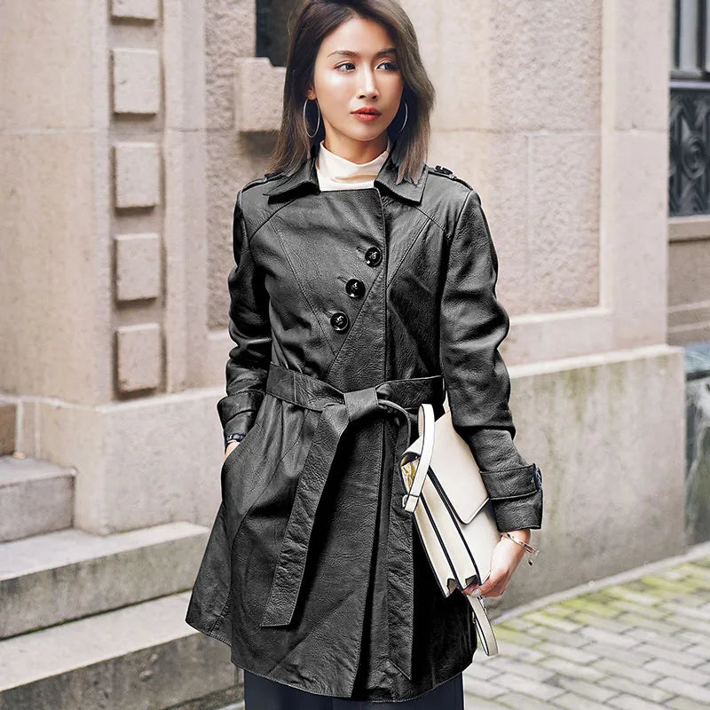 Women's Fashion Genuine Leather Adjustable Waist Trench Coat