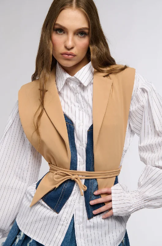 WORKING WOMAN SIDE TIE BLAZER VEST IN TAN