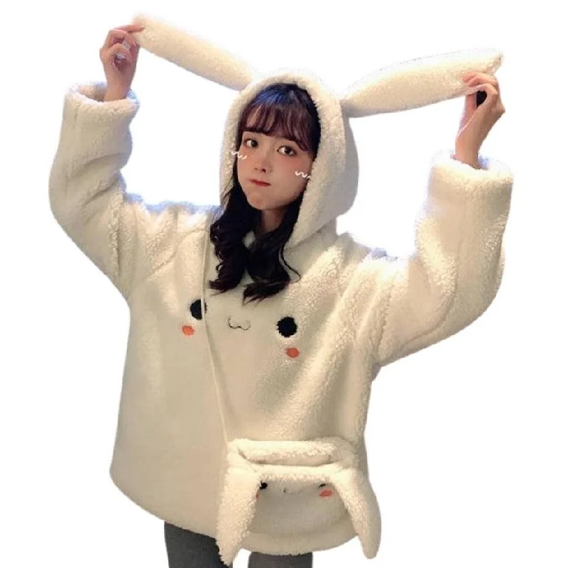 Bunny Rabbit Ear Fleece Women's Hoodie and Bag Cute Long Sleeve Girls Hoodie Kawaii Animal Harajuku